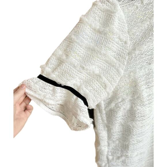 BCBGMaxazria Ruffle Mock Neck Short Sleeve Sheer Lace Blouse Top White Black - L - Picture 8 of 11